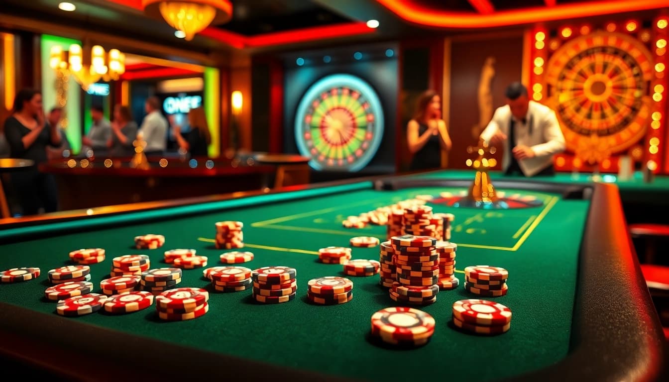 ONE88 gaming experience showcasing poker chips, a roulette wheel, and lively players in action.