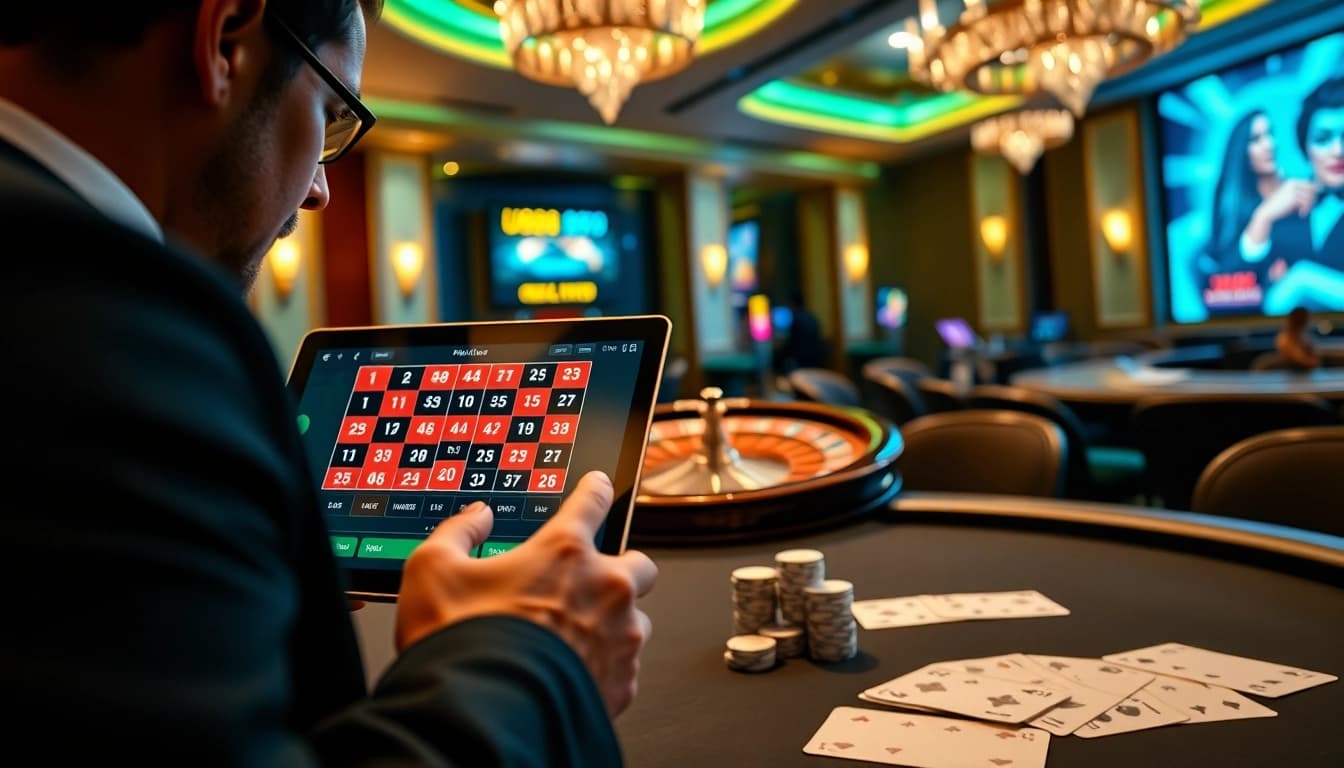 Engaged player reviewing U888 online betting options with poker chips and a roulette wheel.
