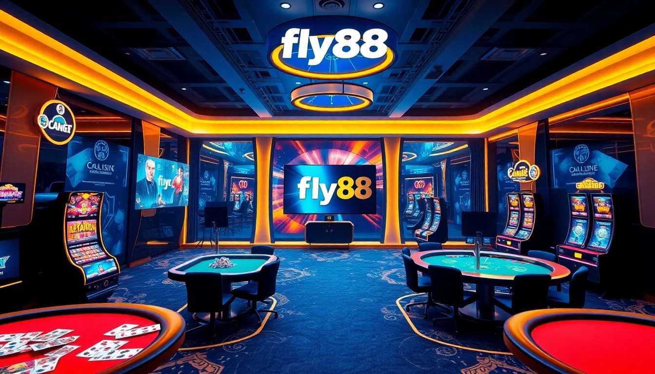 Immersive digital casino scene showcasing fly88's vibrant gaming interface with modern slot machines and card games.