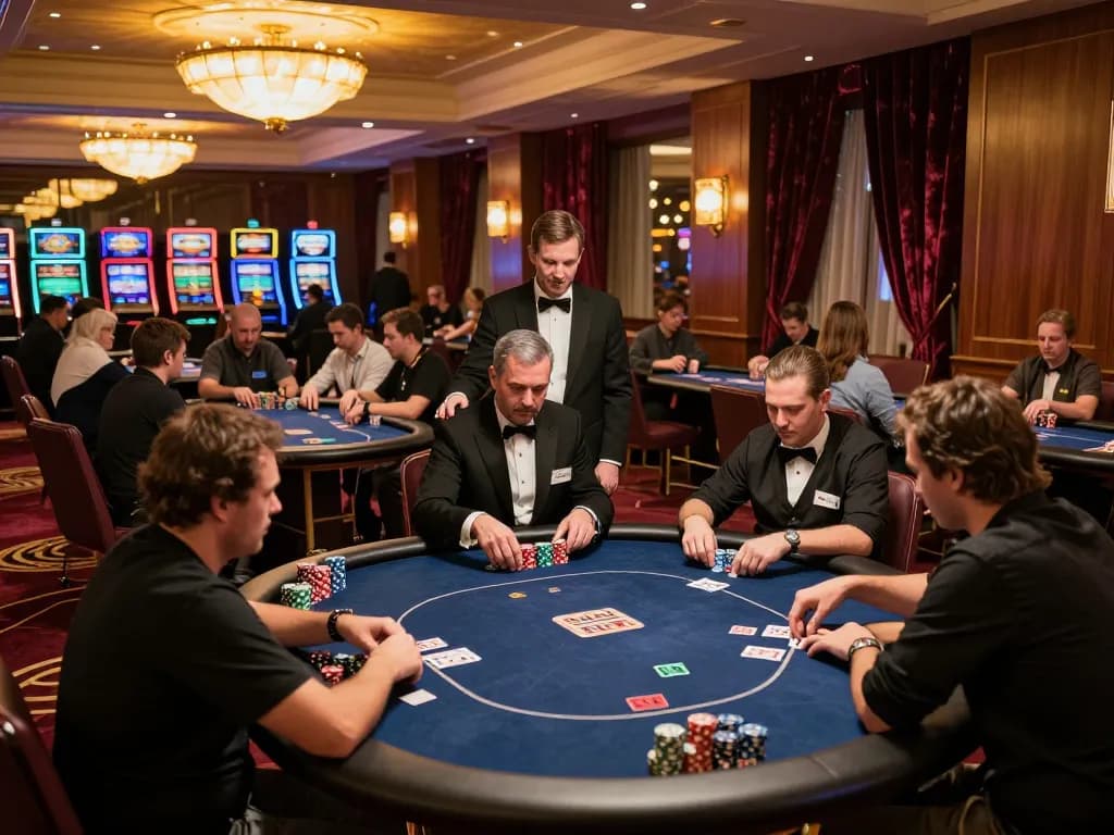 Players engaged in a high-stakes poker game at a casino utilizing situs 1k strategies