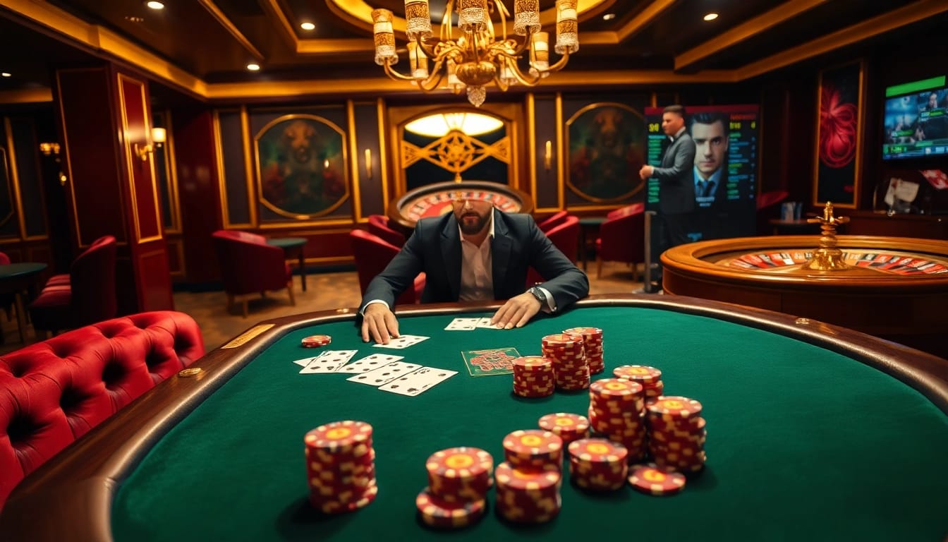 8kbet gaming table with vibrant chips and professional dealers in a luxurious casino setting.