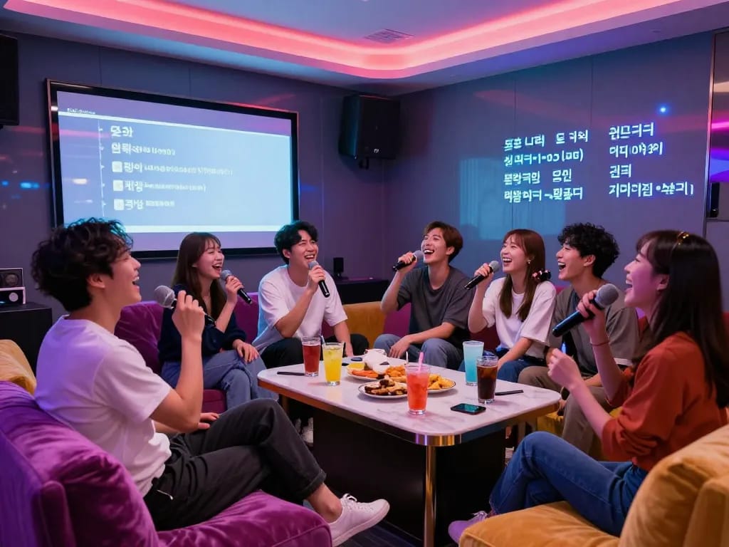 따뜻한 분위기에서 화려한 조명과 스낵을 즐기며 노래방의 밤을 만끽하는 친구들 그룹
