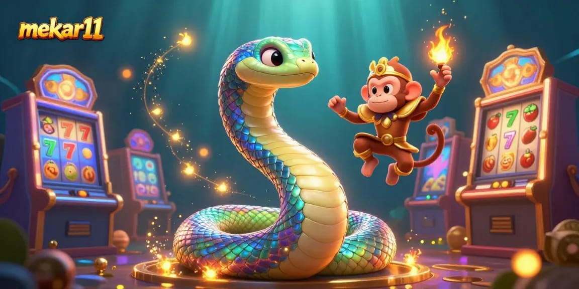 Mekar11 captivates players with dazzling slot machines, featuring a vibrant rainbow serpent and a golden monkey king.