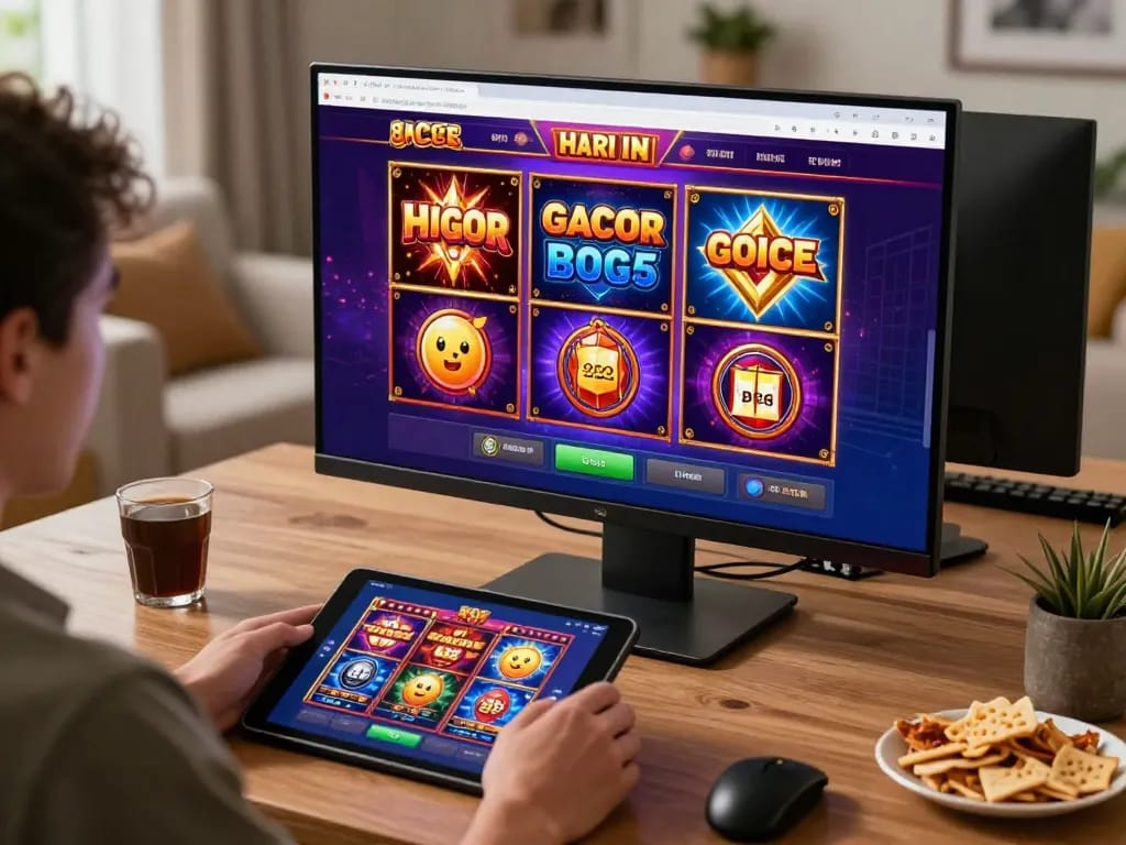 Experience the thrill of slot gacor hari ini as players engage with dynamic online slot games in a cozy home setting.