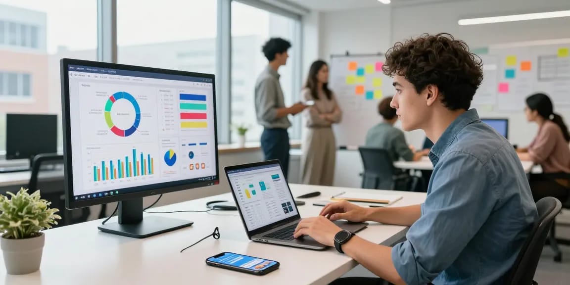 Digital marketing expert analyzing social media data to buy x followers effectively in a bright office.
