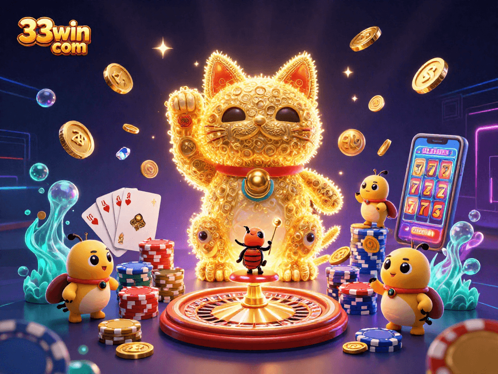 Win big at 33win com with a dynamic scene of a lucky cat and golden fireflies celebrating casino excitement.