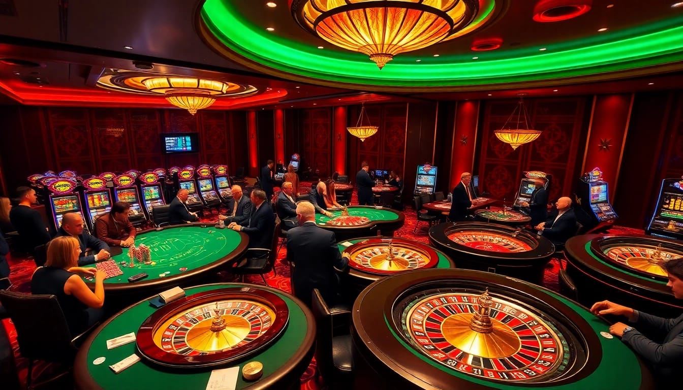 Joueurs engagés appréciant des jeux dans un casino en ligne haut de gamme avec des tables vibrantes et une ambiance joyeuse.
