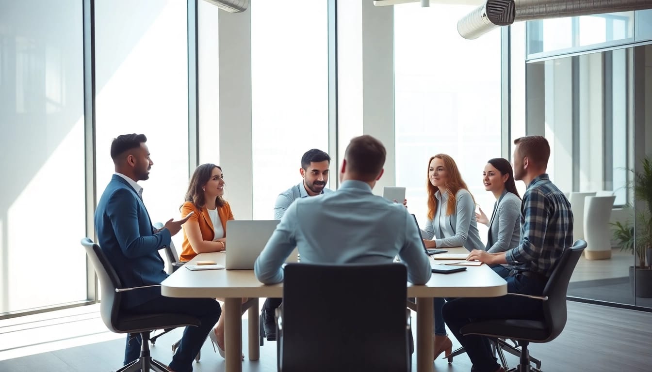 Press release agency team collaborating in a modern office.