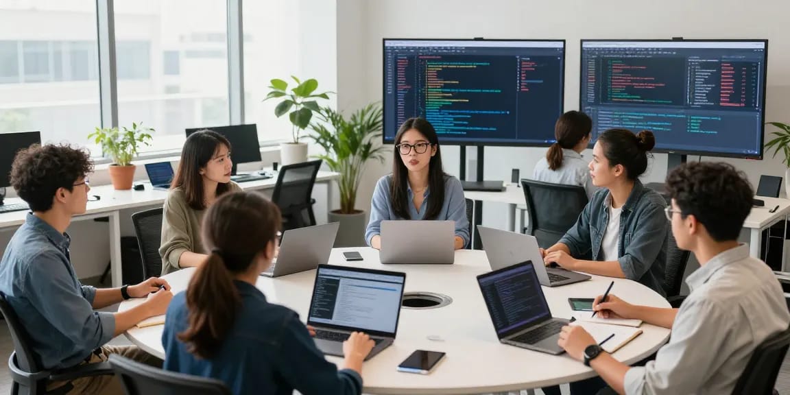 Collaborative workspace with a diverse team discussing 纸飞机中文版官网 software development in a bright modern office