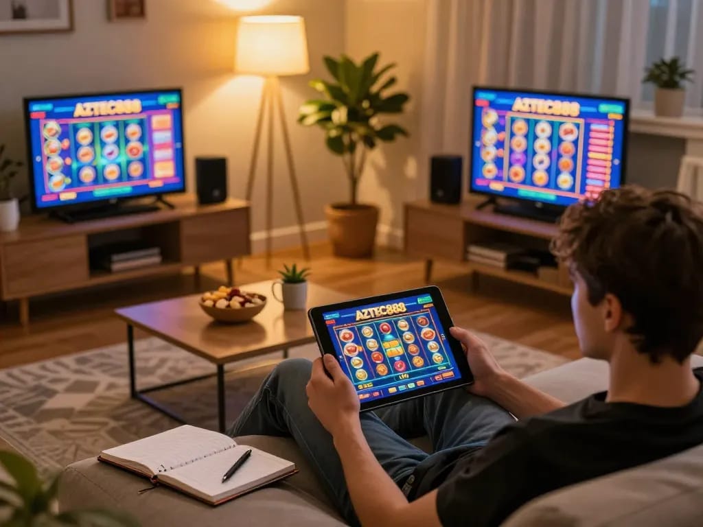 Player engaging with AZTEC888 slots interface on a tablet in a cozy home gaming environment