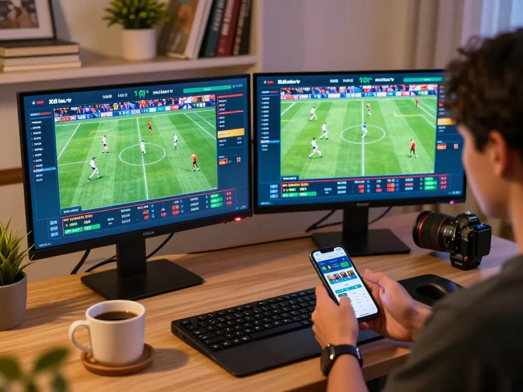 xôi lạc tv player engaging in sports betting with multiple screens showing live matches