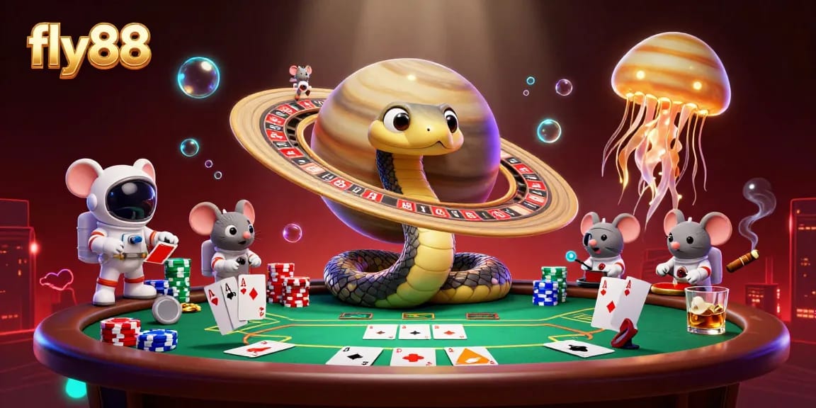 Engage in thrilling bets with fly88's cosmic casino scene featuring a Saturn ring roulette and colorful poker action