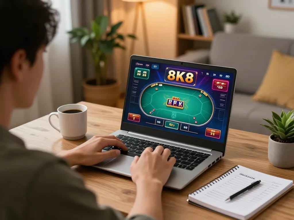Player enjoying 8K8 online casino poker game on laptop at cozy home setup.