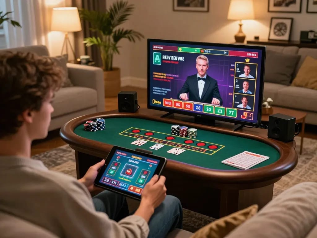 Engage with vipwin in an inviting home environment, where players enjoy live dealer blackjack on a tablet.