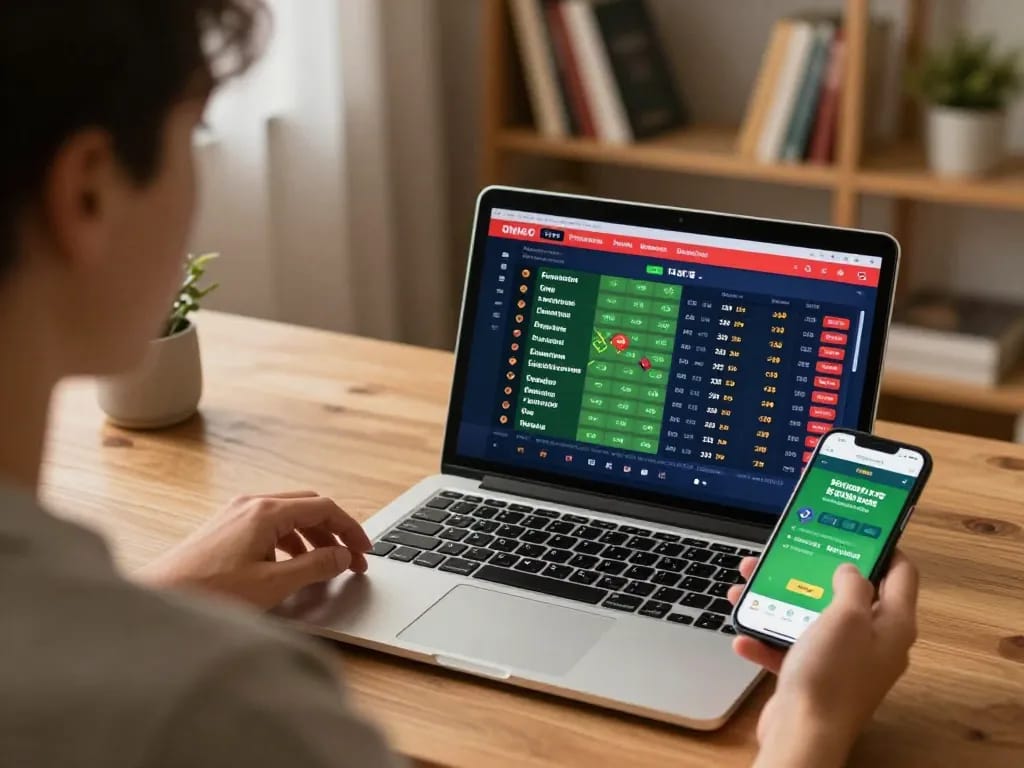 Kèo nhà cái strategies being analyzed on a laptop during at-home sports betting session.