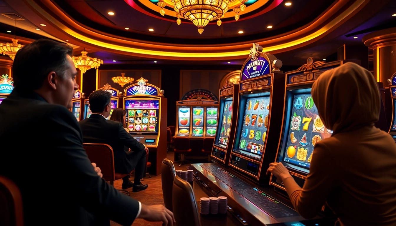 Playing a pragmatic slot machine in a luxurious casino atmosphere filled with excitement and vibrant colors.