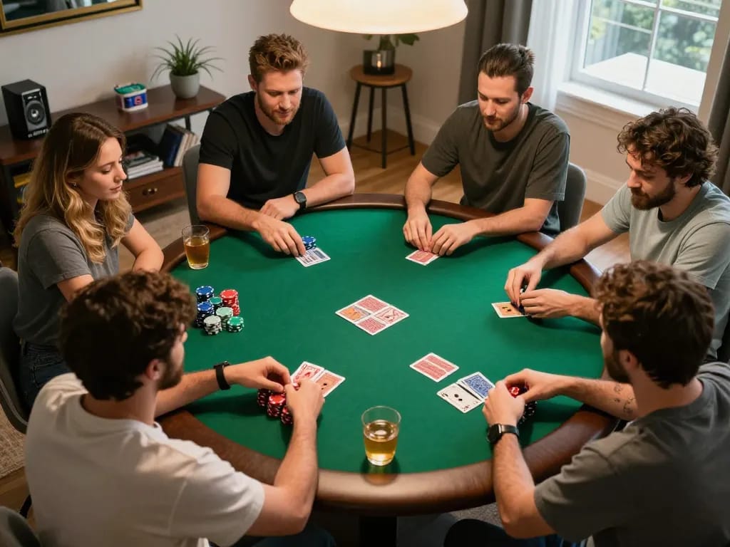 Players enjoy an engaging poker night with NHÀ CÁI VIN88 atmosphere, showcasing strategic gameplay and social interaction.