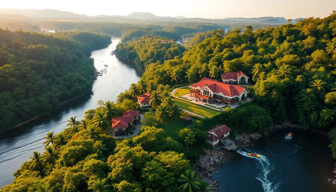 Dandeli resorts scene featuring riverside accommodations and adventure activities like rafting, representing dandeliresorts experience.