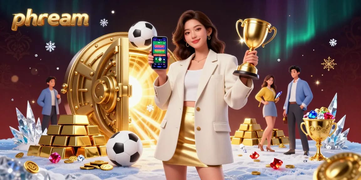Betting on phdream with a glamorous Asian woman displaying a sports app in a rich casino scene.