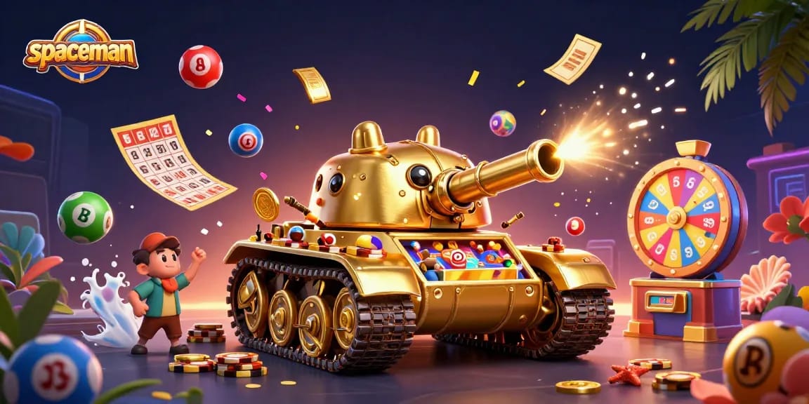 Engage in Spaceman slot gameplay with vibrant lottery balls, confetti, and casino elements.