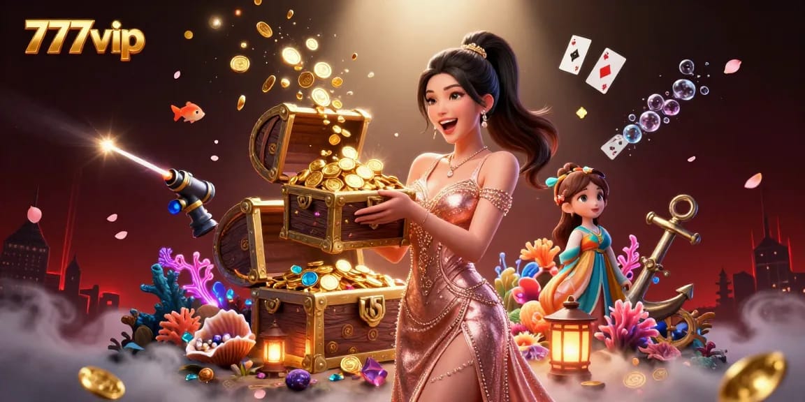 Engage with exciting treasures at 777vip, featuring a joyful character with coins and gems.