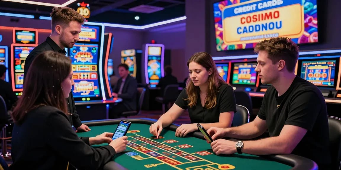 Players enjoying games at credit card casinos at https://brcs.co.uk, showcasing a lively gaming atmosphere with vibrant neon lights.