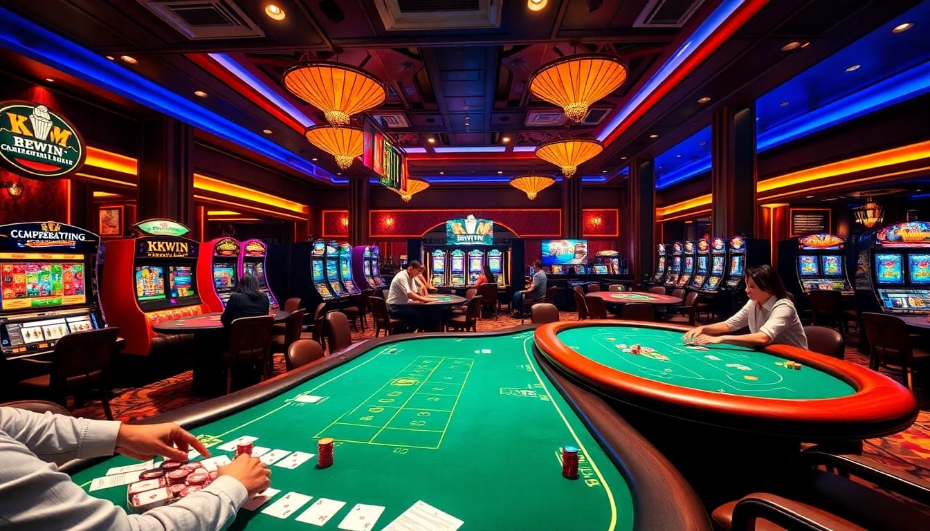 Experience high-stakes action at https://kkwin.co.com/ with vibrant casino tables, chips, and players.