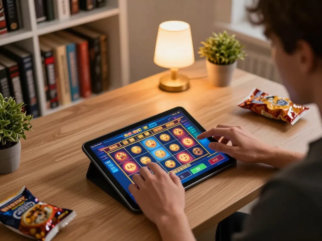 Experience seamless gaming at 8K8 while playing slots on a tablet in a cozy home setup.