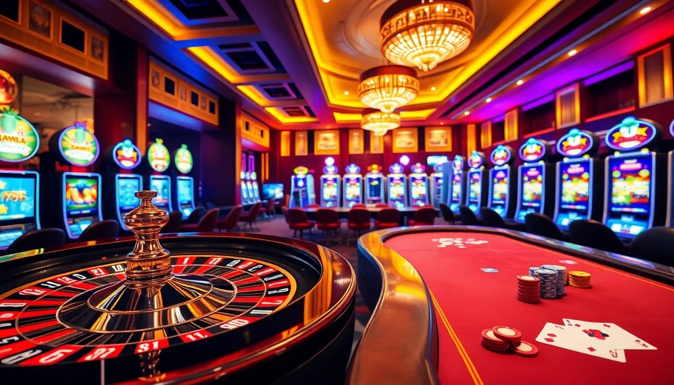 MM88 gamblers enjoying a luxurious casino experience with roulette and poker tables.