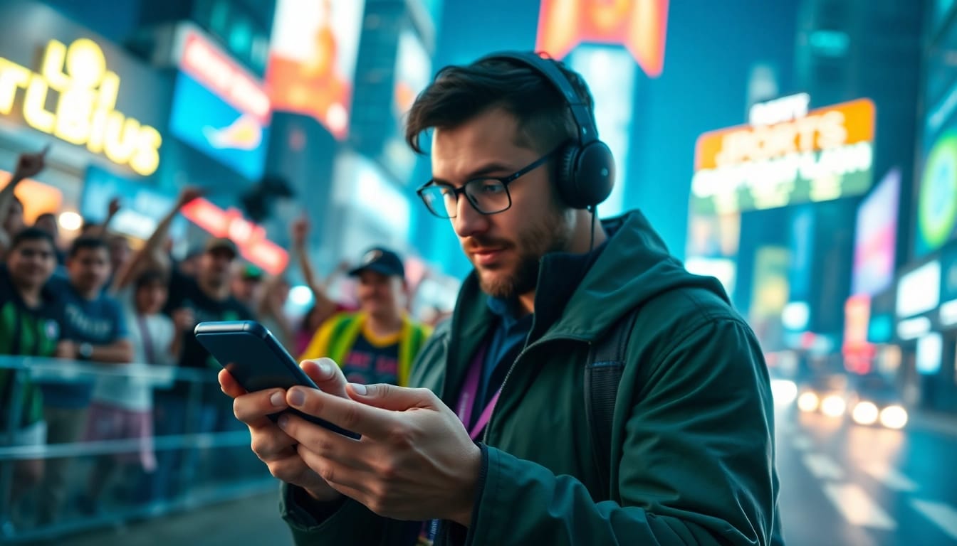 Engaging in mobile sports betting with a vibrant atmosphere and dynamic urban backdrop.