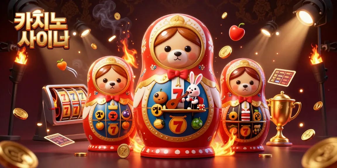 카지노 사이트에서 슬롯게임과 함께 즐기는 마트료시카 캐릭터와 잭팟을 배경으로 한 일러스트