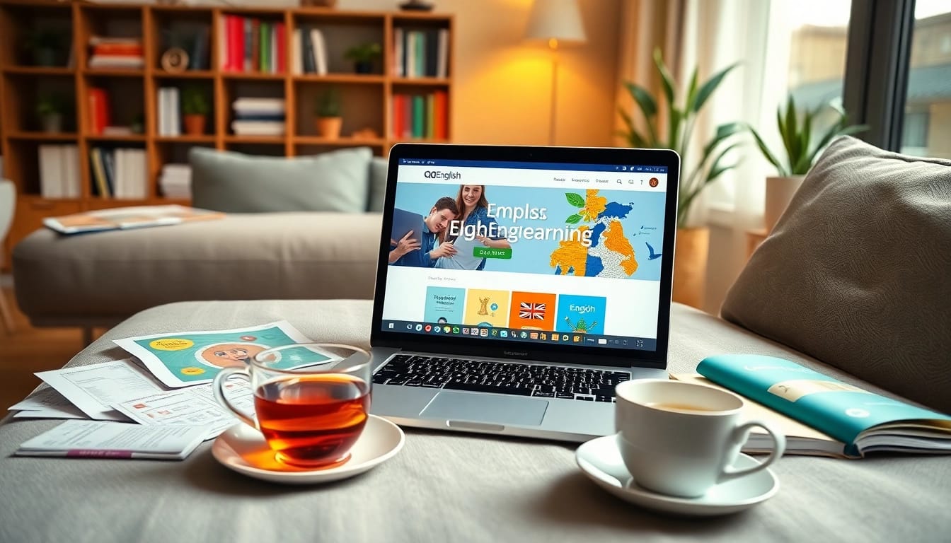 ノートパソコンに表示された QQEnglish クーポンとオンライン英語学習を強調する魅力的な学習環境。