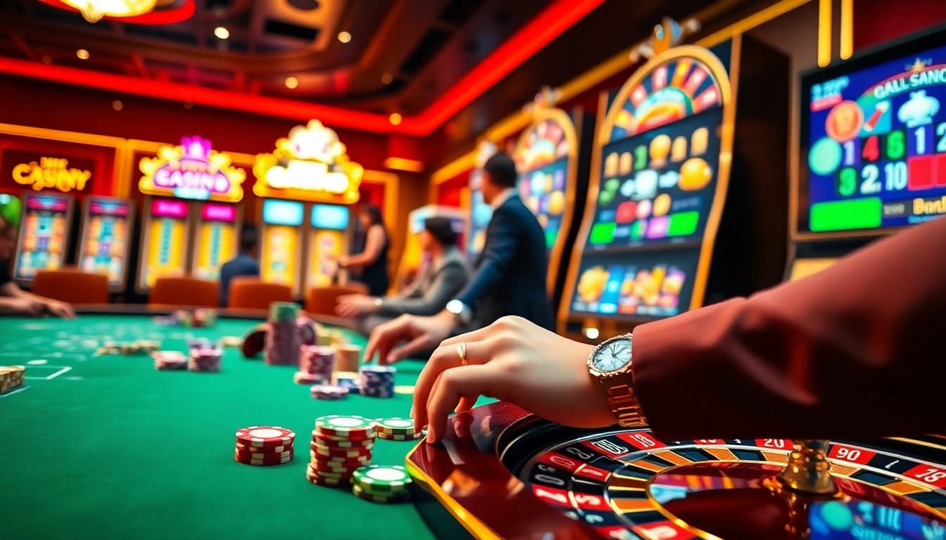 Engaged gamblers enjoy a vibrant gaming experience at rr88.com with poker chips, roulette, and slot machines.