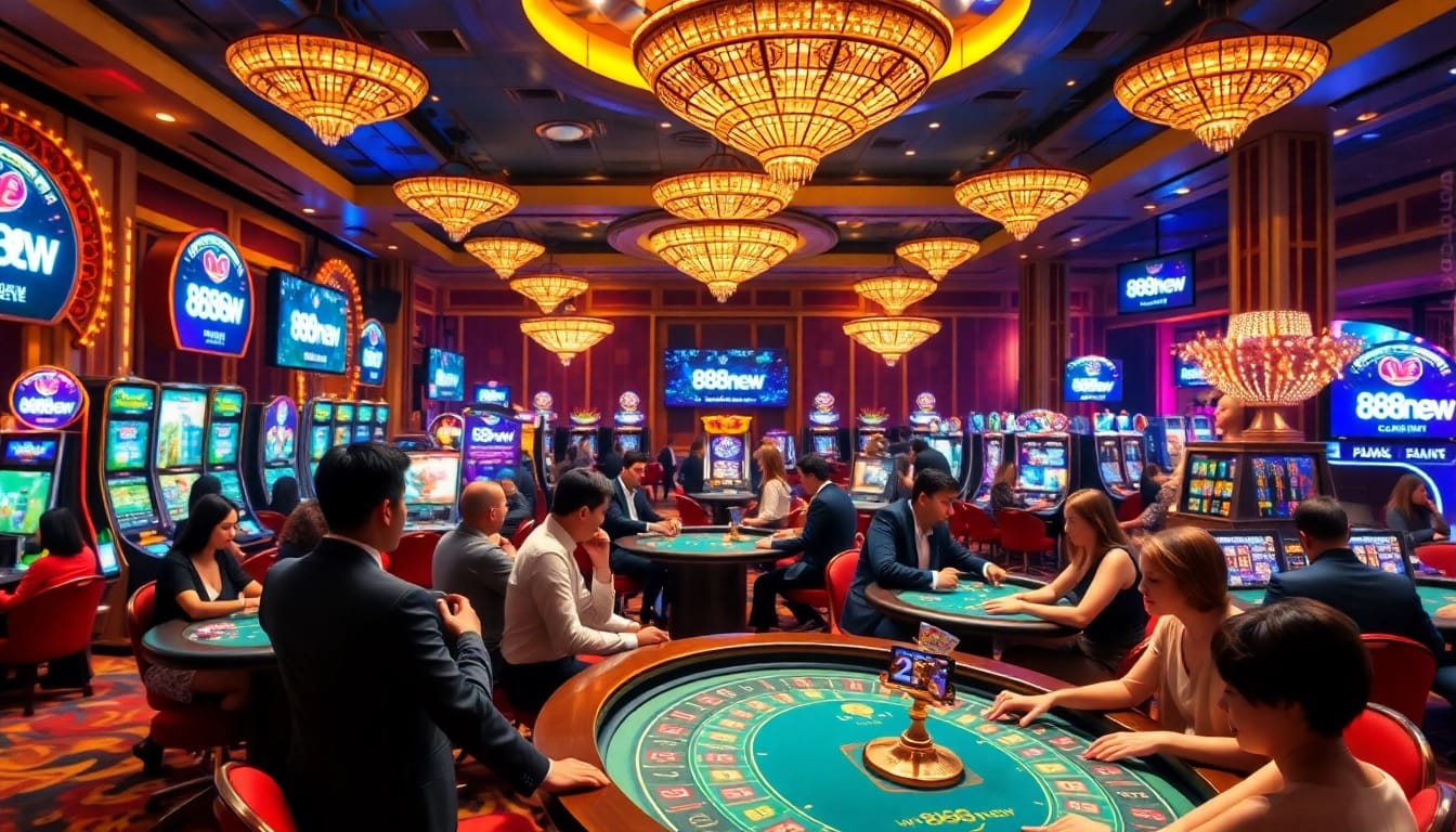 Players enjoying high-stakes games at an opulent casino showcasing the exciting features of 888new.