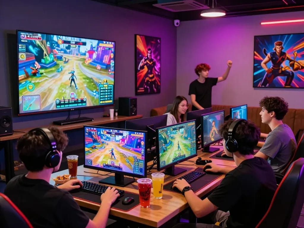 Friends enjoying online gaming at https://hitclub9.us.com/ with vibrant atmosphere and modern decor.