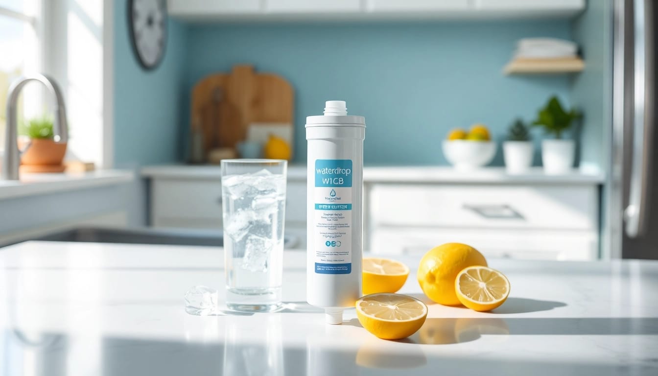 Waterdrop WF1CB Replacement for Frigidaire® PureSource WFCB filter alongside a glass of refreshing water.