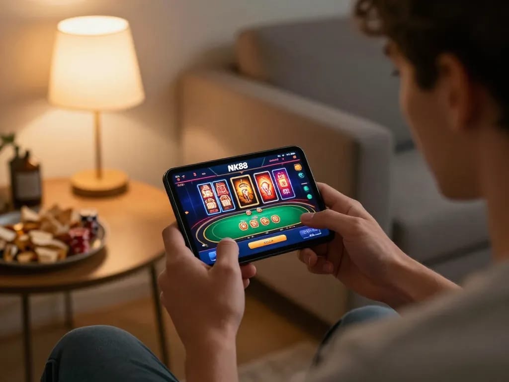 Engaged player strategizing with NK88 net app on smartphone in cozy home setting.