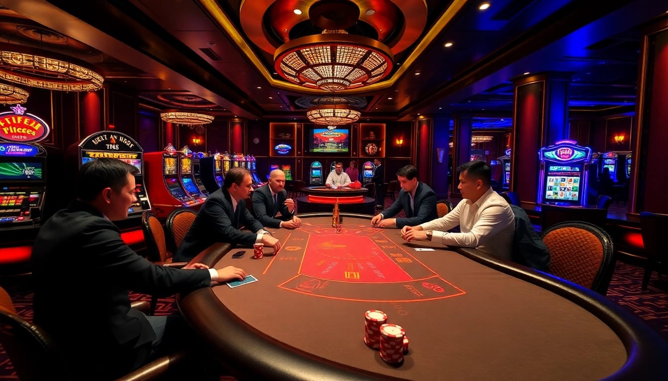 Engaging poker game scene at FIVE88 casino, showcasing players and chips in a lively atmosphere.