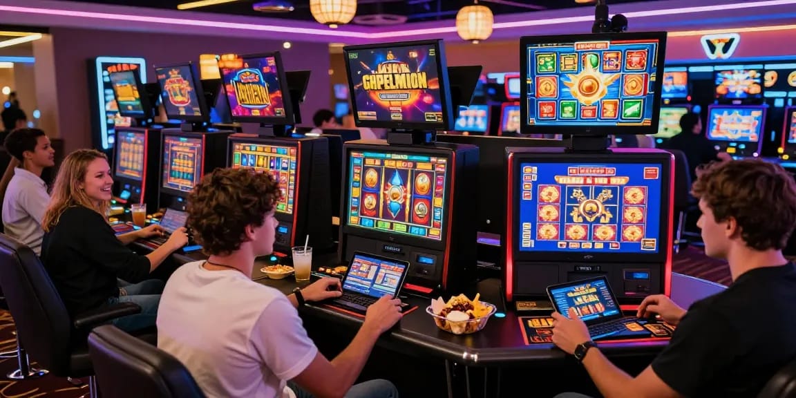 Exciting gaming environment highlighting slot depo 5k with diverse players and colorful virtual casino screens.
