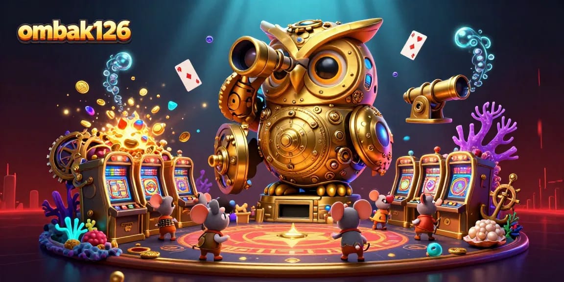 Ombak126 memanfaatkan karakter kartun kasino 3D dalam ilustrasi menarik dengan elemen mesin slot dan pemandangan lambang.