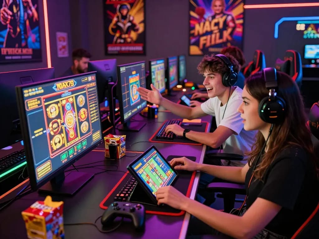 Exciting online gaming scene with players at computers engaged in max79 gaming experience.
