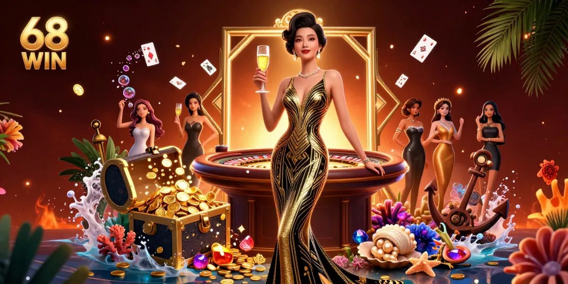 Experience the excitement of 68 WIN with a glamorous casino scene filled with vibrant elements and a stunning atmosphere.