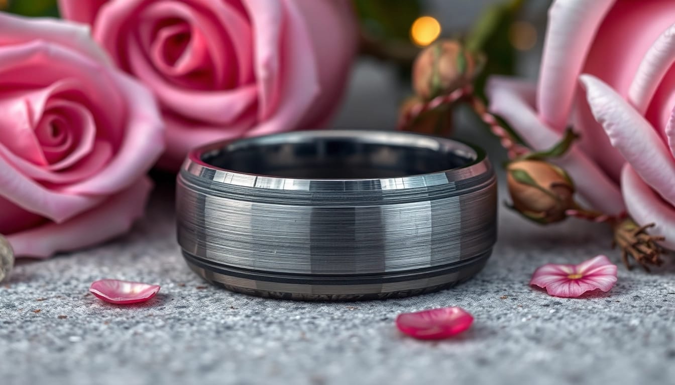 Showcasing Gunmetal Wedding Bands for Men with elegant brushed finish and artistic presentation.