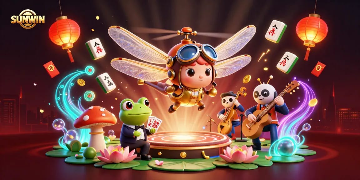 SUNWIN showcases an exciting dragonfly pilot and frog croupier dealing cards in a vibrant casino scene, enhancing gaming thrills.
