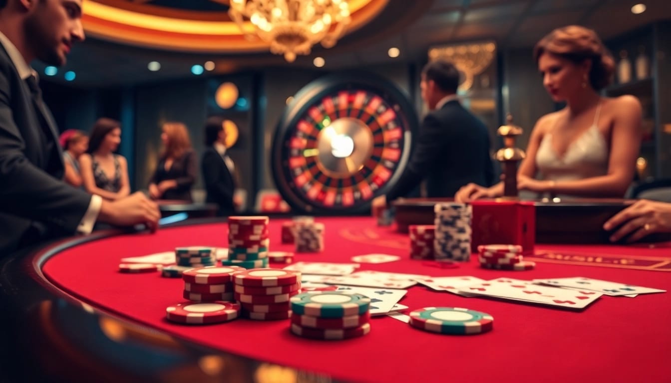 Engage in high-stakes poker at S8 casino with vibrant chips and a spinning roulette wheel.