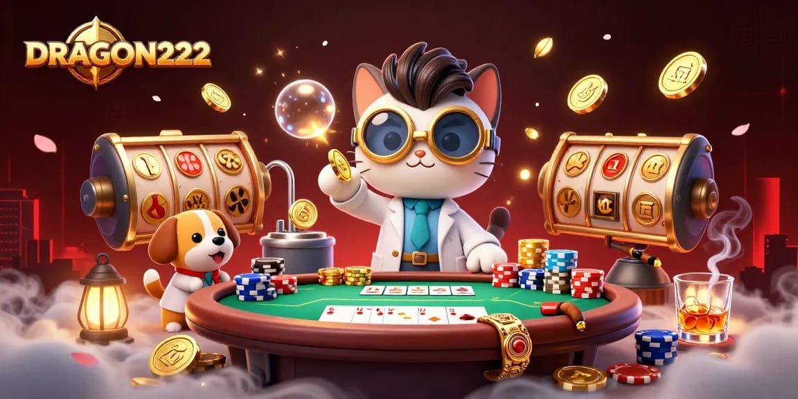 Immerse in the world of DRAGON222, experiencing exciting slots and poker excitement, dynamic scene filled with vibrant elements.