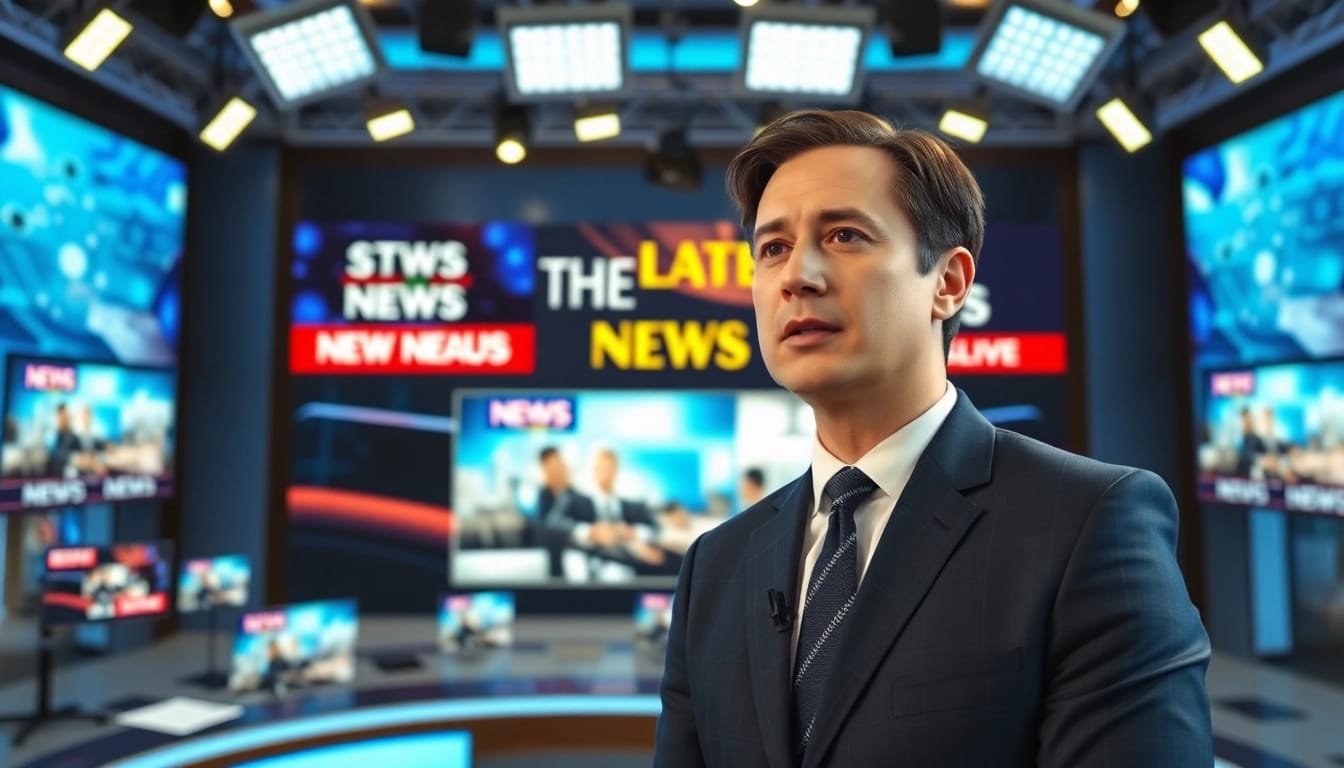 Delivering the latest news from a modern newsroom with a confident anchor and screens displaying headlines.
