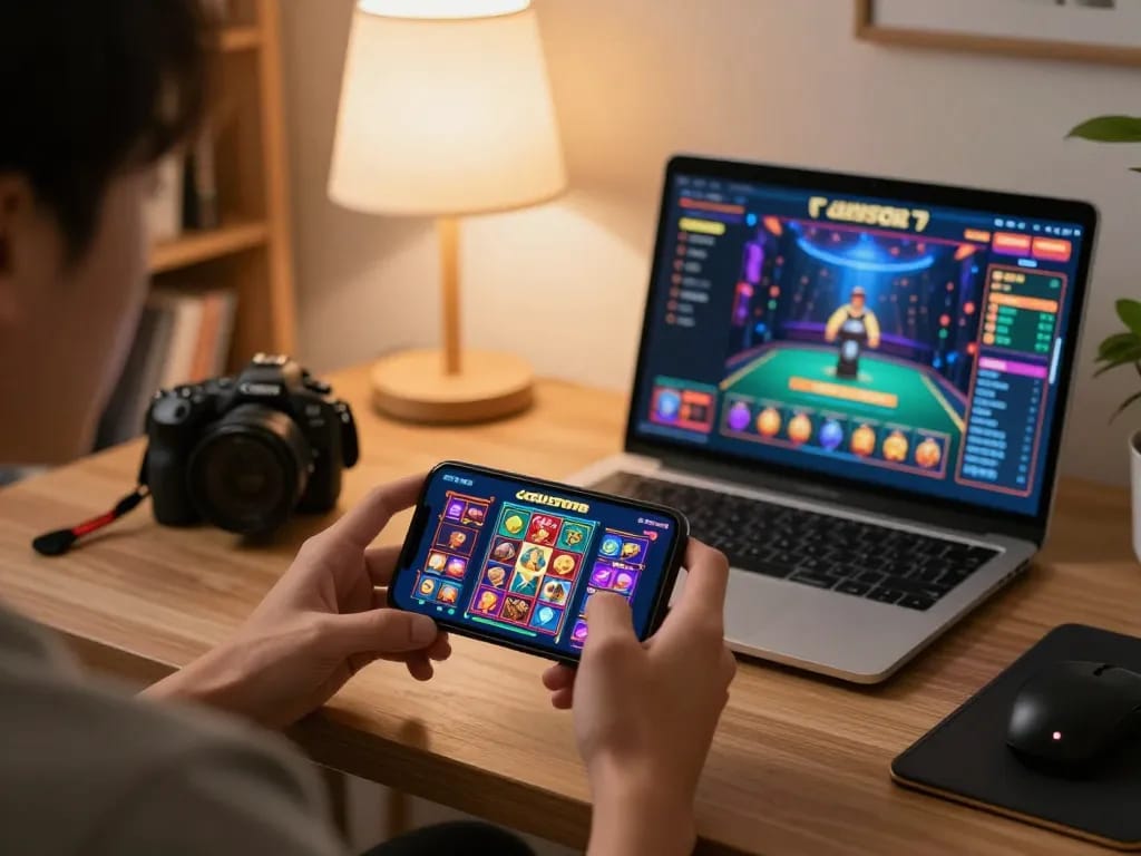 Engaging in situs slot gaming on a smartphone with lively app graphics at home