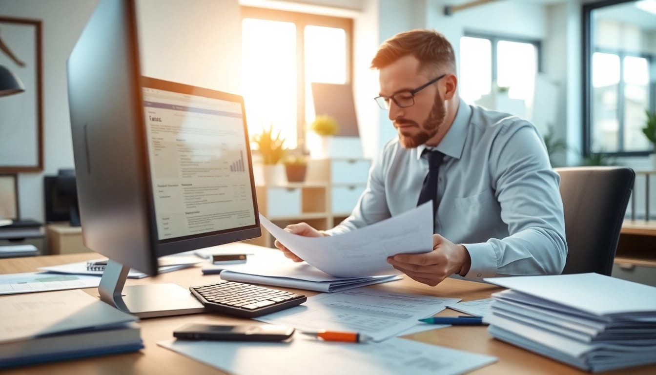 Engaging tax preparation consultation with a professional examining documents in a modern office.