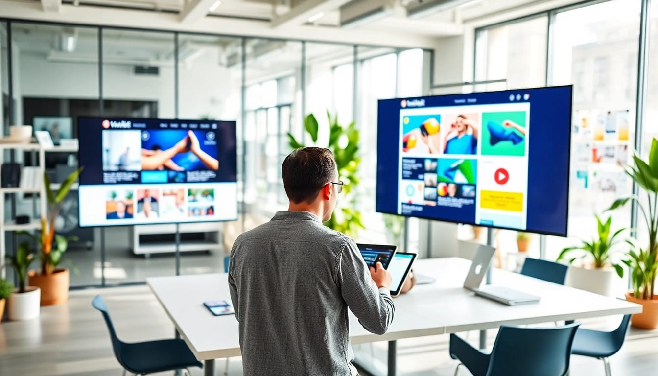 Webdesign modern workspace with designer creating vibrant layouts on a tablet.